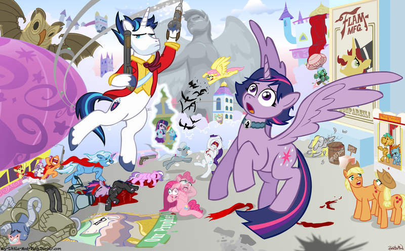 Size: 2420x1500 | Tagged: semi-grimdark, artist:cybersp0nge, derpibooru import, apple bloom, applejack, derpy hooves, diamond tiara, flam, fluttershy, iron will, owlowiscious, pinkie pie, princess celestia, rainbow dash, rarity, scootaloo, shining armor, silver spoon, snails, snips, sweetie belle, tank, trixie, twilight sparkle, twilight sparkle (alicorn), alicorn, earth pony, pegasus, pony, unicorn, equestria girls, applejack (male), bioshock, bioshock infinite, blood, crossover, cutie mark crusaders, death, detailed, female, filly, future twilight, gun, handyman, lutece twins, mane six, mare, parody, pinkamena diane pie, pistol, rule 63, short hair, short mane, vox populi