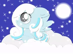 Size: 944x704 | Tagged: safe, artist:nekosnicker, derpibooru import, oc, oc:snowdrop, unofficial characters only, pegasus, pony, blank flank, cloud, female, filly, foal, hooves, moon, night, night sky, on a cloud, sky, solo, spread wings, stars, wings