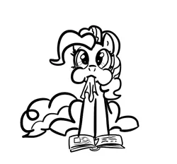 Size: 625x581 | Tagged: artist:nasse, bibliovore, book, derpibooru import, eating, homework, looking at you, monochrome, nom, paper, pica, pinkie pie, puffy cheeks, safe, sitting, solo