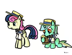 Size: 689x530 | Tagged: safe, artist:nasse, artist:rustydooks, derpibooru import, bon bon, flam, flim, lyra heartstrings, sweetie drops, earth pony, pony, unicorn, bowtie, cider, cider mug, clothes, costume, flim flam brothers, hat, mug, simple background, white background