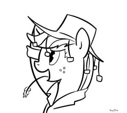 Size: 675x599 | Tagged: applejack, artist:nasse, australia, bruce, cork hat, crossover, derpibooru import, hat, monochrome, monty python, outback jack, safe, solo