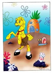 Size: 1500x2070 | Tagged: safe, artist:v-babe007, derpibooru import, ponified, snail, gary, image, jpeg, nightmare fuel, only the dead can know peace from this evil, pineapple, spongebob squarepants, spongebob squarepants (character), wat, what has science done
