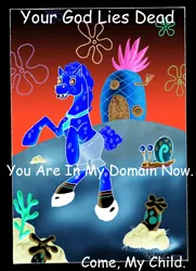 Size: 1500x2070 | Tagged: semi-grimdark, artist:v-babe007, derpibooru import, ponified, comic sans, image, inverted colors, jpeg, not salmon, photoshop, rearing, spongebob squarepants, spongebob squarepants (character), text, wat, where is your god now?