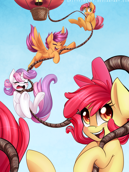 Size: 1200x1600 | Tagged: safe, artist:spittfireart, derpibooru import, apple bloom, babs seed, scootaloo, sweetie belle, earth pony, pegasus, pony, unicorn, adorababs, adorabloom, balloon, bow, bungee jumping, cute, cutealoo, cutie mark crusaders, diasweetes, eyes closed, falling, female, filly, hair bow, hanging, hot air balloon, open mouth, rope, sky