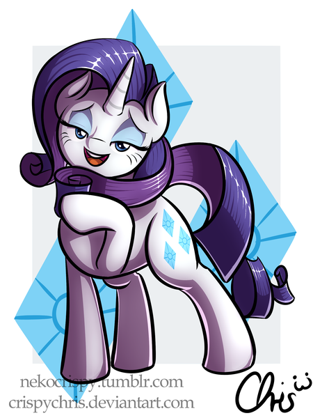 Size: 1800x2400 | Tagged: safe, artist:nekocrispy, derpibooru import, rarity, pony, unicorn, cutie mark background, female, lidded eyes, looking at you, mare, open mouth, raised hoof, smiling