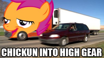 Size: 400x224 | Tagged: chicken, chickun, derpibooru import, exploitable meme, forced meme, meme, safe, scootaloo, truck