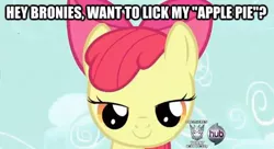 Size: 618x336 | Tagged: suggestive, derpibooru import, edit, edited screencap, screencap, apple bloom, earth pony, pony, apple pie, bedroom eyes, bronybait, caption, decepticon, female, filly, image macro, implied foalcon, implied oral, implied sex, innuendo, looking at you, solo, solo female, transformers