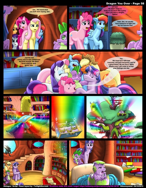 Size: 1165x1500 | Tagged: safe, artist:kitsuneyoukai, derpibooru import, applejack, fluttershy, pinkie pie, rainbow dash, rarity, spike, twilight sparkle, dracony, hybrid, comic:dragon you over, baby, comic, elements of harmony, female, hug, interspecies offspring, male, mane seven, mane six, offspring, parent:spike, parent:twilight sparkle, parents:twispike, rainbow, shipping, straight, twispike, wat