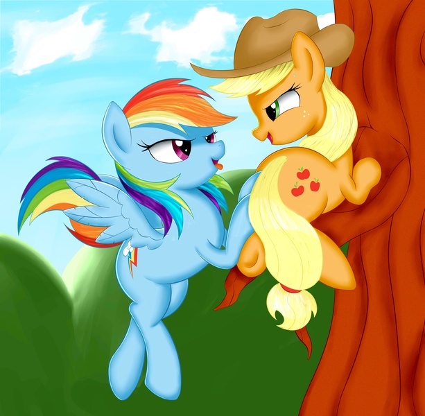 Size: 2000x1956 | Tagged: applejack, artist:kas92, rainbow dash, suggestive, tree