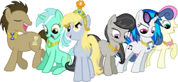 Size: 3490x1617 | Tagged: safe, artist:jaybugjimmies, derpibooru import, bon bon, derpy hooves, doctor whooves, lyra heartstrings, octavia melody, sweetie drops, time turner, vinyl scratch, earth pony, pegasus, pony, unicorn, background pony, background six, cutie mark, elements of harmony, eyes closed, female, hooves, horn, male, mare, open mouth, simple background, sitting, stallion, standing, sunglasses, transparent background, vector, wings