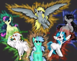 Size: 796x625 | Tagged: safe, artist:saintssister47, derpibooru import, bon bon, bulk biceps, derpy hooves, lyra heartstrings, octavia melody, roid rage, sweetie drops, earth pony, pegasus, pony, unicorn, background pony