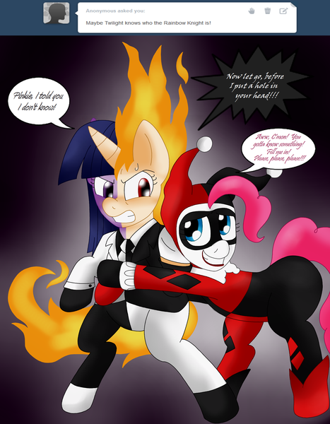 Size: 1674x2150 | Tagged: artist:blackbewhite2k7, batman, crossover, derpibooru import, harley quinn, hug, obvious secret identity, parody, pinkie pie, rapidash, safe, twilight sparkle, two-face