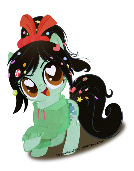 Size: 3510x4500 | Tagged: safe, artist:drpancakees, derpibooru import, ponified, clothes, hairband, heart eyes, hoodie, solo, sugar rush, vanellope von schweetz, wingding eyes, wreck-it ralph