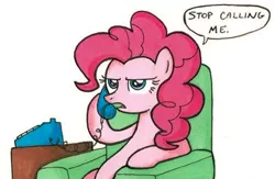 Size: 483x315 | Tagged: artist needed, safe, derpibooru import, pinkie pie, earth pony, pony, armchair, dialogue, lidded eyes, open mouth, phone, simple background, sitting, solo, stop calling me, white background