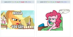 Size: 594x302 | Tagged: applejack, derpibooru import, exploitable meme, juxtaposition, juxtaposition win, nigga, phone, pinkie pie, safe, vulgar