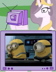 Size: 539x700 | Tagged: banana, derpibooru import, despicable me, exploitable meme, minions, princess celestia, princess molestia, safe, tv meme