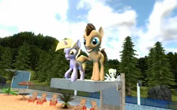 Size: 1680x1050 | Tagged: safe, artist:rillakim, derpibooru import, derpy hooves, dinky hooves, doctor whooves, time turner, pegasus, pony, 3d, diving board, female, forest, gmod, gmod tower, mare, swimming pool