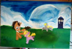 Size: 3407x2345 | Tagged: safe, artist:tails232323, derpibooru import, derpy hooves, dinky hooves, doctor whooves, time turner, pegasus, pony, doctor who, female, mare, painting, running, tardis, traditional art