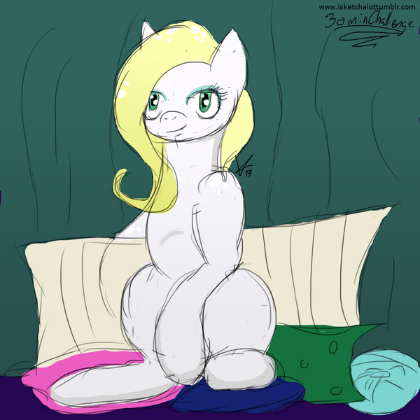 Size: 1200x1200 | Tagged: safe, artist:isketchalot, derpibooru import, banner mares, crescendo, earth pony, pony, 30 minute art challenge, blank flank, cushion, female, magic, magic aura, mare, pillow
