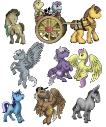 Size: 1119x1346 | Tagged: artist:philosophypony, cart, chance-a-lot, cletus, crafty crate, creme brulee, derpibooru import, doctor whooves, donkey, horse, liza doolots, minuette, mule, necktie, noi, parasol, petunia, realistic, safe, silver script, silverspeed, simple background, time turner, tootsie flute, transparent background, watch