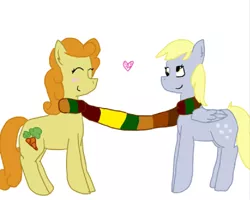 Size: 417x333 | Tagged: safe, artist:headdesk-art, derpibooru import, carrot top, derpy hooves, golden harvest, pegasus, pony, clothes, derpytop, female, heart, lesbian, mare, scarf, shared clothing, shared scarf, shipping, simple background, white background