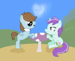 Size: 2088x1696 | Tagged: artist:nevillucy, chip mint, colt, derpibooru import, female, filly, liza doolots, male, mushroom, petunia, rain catcher, safe, shipping, straight, table, tootsie flute