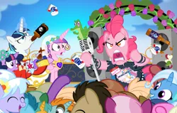 Size: 1200x765 | Tagged: alcohol, artist:pixelkitties, background pony, beer, bon bon, cheerilee, clothes, cloudchaser, derpibooru import, doctor whooves, flower, gummy, lyra heartstrings, microphone, pabst blue ribbon, piercing, pinkie pie, princess cadance, princess celestia, punk, safe, sex pistols, shining armor, singing, snails, snips, speakers, stage, sweetie drops, time turner, trixie, t-shirt, twilight sparkle, wedding, wristband