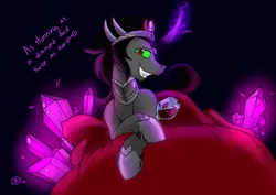 Size: 1202x850 | Tagged: suggestive, artist:joey darkmeat, artist:saine grey, derpibooru import, king sombra, pony, unicorn, armor, bed, colored, colored horn, crystal, curved horn, glass, glow, horn, innuendo, magic, magic aura, male, prone, solo, solo male, sombra's horn, stallion, stupid sexy sombra, wine, wine glass