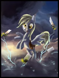 Size: 781x1022 | Tagged: safe, artist:semajz, derpibooru import, derpy hooves, pegasus, pony, female, letter, lightning, mail, mailbag, mare, solo, thunderstorm