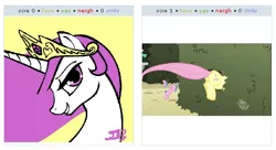 Size: 534x290 | Tagged: safe, derpibooru import, edit, edited screencap, screencap, fluttershy, princess celestia, pony, princess molestia, the return of harmony, butt, buttstuck, exploitable meme, female, juxtaposition, juxtaposition win, mare, plot, stuck