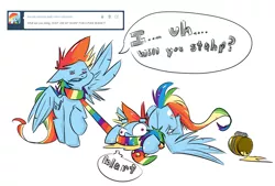 Size: 1500x1014 | Tagged: safe, artist:cider, derpibooru import, rainbow dash, pegasus, pony, ask cider dash, cider, clothes, just ask rainbow dash, scarf, speech bubble, vomit