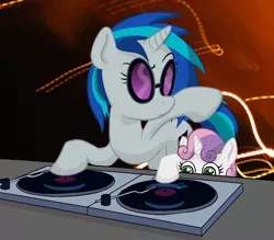 Size: 1000x876 | Tagged: dead source, safe, artist:fadri, artist:okiedokielowkey, derpibooru import, sweetie belle, vinyl scratch, pony, unicorn, artifact, cute, diasweetes, female, filly, mare, record, record player, record scrape, rule 63, sunglasses, turntable