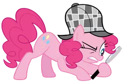 Size: 6000x4000 | Tagged: safe, artist:otfor2, derpibooru import, pinkie pie, earth pony, pony, mmmystery on the friendship express, deerstalker, detective, female, hat, magnifying glass, mare, one eye closed, sherlock holmes, simple background, solo, transparent background, vector