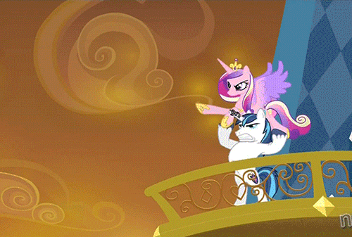 Size: 500x337 | Tagged: semi-grimdark, artist:superedit, derpibooru import, edit, edited screencap, screencap, princess cadance, shining armor, alicorn, pony, unicorn, the crystal empire, abuse, animated, balcony, bipedal, blood, bonk, caddybuse, dark comedy, epic wife tossing, eyes closed, fail, fastball special, female, frown, glare, gritted teeth, hoof hold, horn crystals, male, mare, open mouth, ouch, pointing, raised leg, serious, serious face, shining armor is a goddamn moron, spread wings, stallion, wat, wings