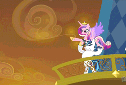 Size: 500x337 | Tagged: semi-grimdark, artist:superedit, derpibooru import, edit, edited screencap, screencap, princess cadance, shining armor, alicorn, pony, unicorn, the crystal empire, abuse, animated, balcony, bipedal, blood, bonk, caddybuse, dark comedy, epic wife tossing, eyes closed, fail, fastball special, female, frown, glare, gritted teeth, hoof hold, horn crystals, male, mare, open mouth, ouch, pointing, raised leg, serious, serious face, shining armor is a goddamn moron, spread wings, stallion, wat, wings