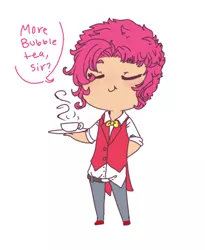 Size: 402x490 | Tagged: askequestrianboys, blushing, bubble berry, bubble tea, chibi, cup, derpibooru import, eyes closed, hands behind back, humanized, pinkie pie, plate, rule 63, safe, simple background, smiling, solo, steam, tea, teacup, waiter, white background