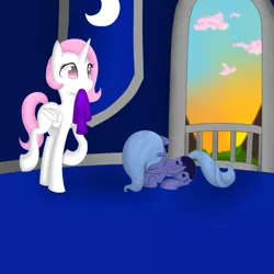 Size: 5500x5500 | Tagged: safe, artist:girlanimeprincess, derpibooru import, princess celestia, princess luna, pony, absurd resolution, cloud, cloudy, pink-mane celestia, sleeping, sunrise, woona, younger