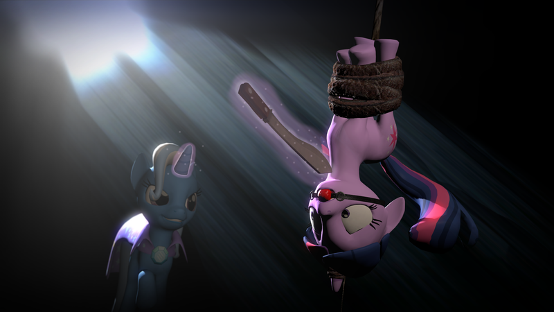 Size: 1920x1080 | Tagged: semi-grimdark, artist:d0ntst0pme, derpibooru import, trixie, twilight sparkle, pony, unicorn, 3d, ballgag, bondage, female, gag, gmod, hanging, hogtied, hung upside down, machete, mare, rope, rope bondage, suspended, threatening, upside down