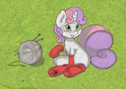 Size: 989x695 | Tagged: artist:joey darkmeat, clothes, colored, cute, derpibooru import, needle, safe, socks, solo, sweetie belle, yarn