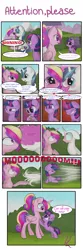 Size: 1133x3401 | Tagged: safe, artist:lolepopenon, derpibooru import, princess cadance, shining armor, twilight sparkle, alternate hairstyle, angry, astartes pattern baldness, bald, balding armor, bipedal leaning, blushing, comic, cute, eye contact, filly, floppy ears, fluffy, frown, gritted teeth, heart eyes, magic, open mouth, scrunchy face, smiling, tail bow, twiabetes, unamused, wide eyes, windswept mane, wingding eyes, yelling, younger, zip lines