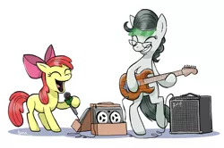 Size: 900x599 | Tagged: apple bloom, artist:pedantia, derpibooru import, electric guitar, glasses, guitar, oc, oc:front page, safe, singing