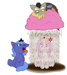 Size: 800x900 | Tagged: safe, artist:thegrumpyturtle, derpibooru import, discord, princess celestia, princess luna, pony, celestia is not amused, cewestia, chocolate milk, cute, discord being discord, filly, woona, younger