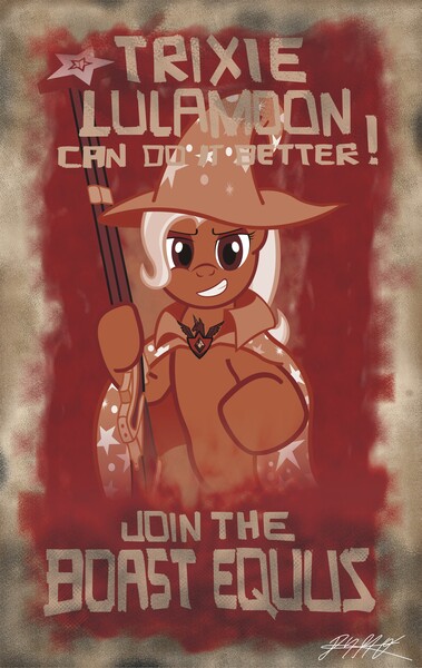 Size: 2595x4108 | Tagged: safe, artist:1ltdaniels, derpibooru import, trixie, ponified, pony, unicorn, alicorn amulet, bioshock, bioshock infinite, cape, clothes, crossover, daisy fitzroy, female, gun, hat, latin, mare, parody, poster, propaganda, rifle, smiling, solo, trixie's cape, trixie's hat, video game, vox populi, weapon