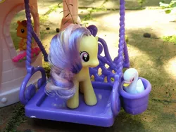 Size: 640x480 | Tagged: safe, derpibooru import, sunny rays, squirrel, swan, brushable, figure, irl, photo, swing, toy