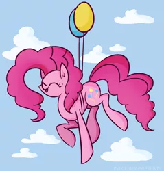 Size: 1884x1971 | Tagged: artist:faikie, balloon, cloud, cloudy, derpibooru import, floating, happy, pinkie pie, safe, sky, solo, then watch her balloons lift her up to the sky