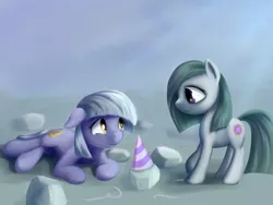 Size: 1600x1200 | Tagged: safe, artist:sokolas, derpibooru import, limestone pie, marble pie, earth pony, crying, female, floppy ears, hat, mare, older, party hat, pie sisters, rock, sad, siblings, sisters