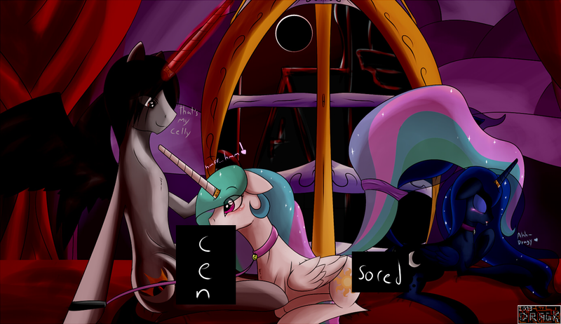 Size: 1384x800 | Tagged: questionable, artist:dragk, derpibooru import, princess celestia, princess luna, oc, oc:dragk, canon x oc, censor bar, implied blowjob, implied oral, implied sex