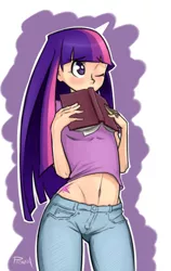 Size: 550x869 | Tagged: adorasexy, artist:viewtifuljoex, belly button, blushing, book, breasts, clothes, cute, derpibooru import, female, human, humanized, jeans, midriff, sexy, shy, solo, solo female, suggestive, twiabetes, twilight sparkle, wide hips, wink