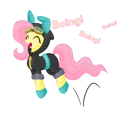 Size: 3164x3000 | Tagged: safe, artist:hidden-cat, derpibooru import, fluttershy, pegasus, pony, magic duel, blushing, boing, bunny ears, bunnyshy, clothes, costume, cute, dangerous mission outfit, eyes closed, female, goggles, hoodie, hopping, jumping, mare, open mouth, pronking, shyabetes, simple background, smiling, solo, transparent background