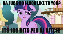 Size: 749x409 | Tagged: suggestive, artist:galvan19, derpibooru import, edit, edited screencap, screencap, twilight sparkle, pony, unicorn, caption, female, image macro, implied blowjob, implied oral, implied sex, mare, prostitution, solo, vulgar